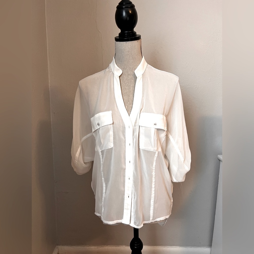 Double Zero Sheer White Button Down Top Size Small